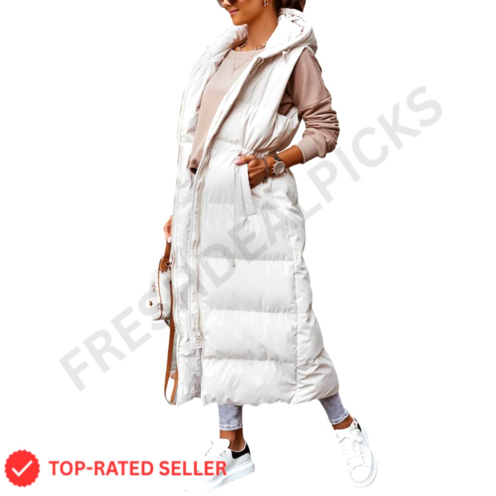 Long Quilted Puffer Vest Hooded Sleeveless Winter Outerwear Cozy Layering Piece